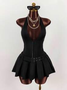 Amplova 女式深V领金属扣腰带装饰宽褶连衣裙，女式夏季连衣裙 - 黑色 - 查看 3