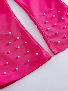 Young Girls 2 Pieces Set, Pearl Decor Fitted Long Sleeve Shirt & Slim Flared Pants, Spring/Autumn Fall Winter - Hot Pink - View 7