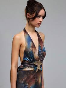 TypaGal Vestido de lujo con estilo oceánico, diseño de estampado degradado azul y marrón, espalda con tirantes sexy, decoración exquisita de strass en forma de estrella de mar en la cintura, bajo asimétrico con apliques de tul, que resalta las curvas encantadoras, adecuado para fiestas de vacaciones o actividades en la playa.