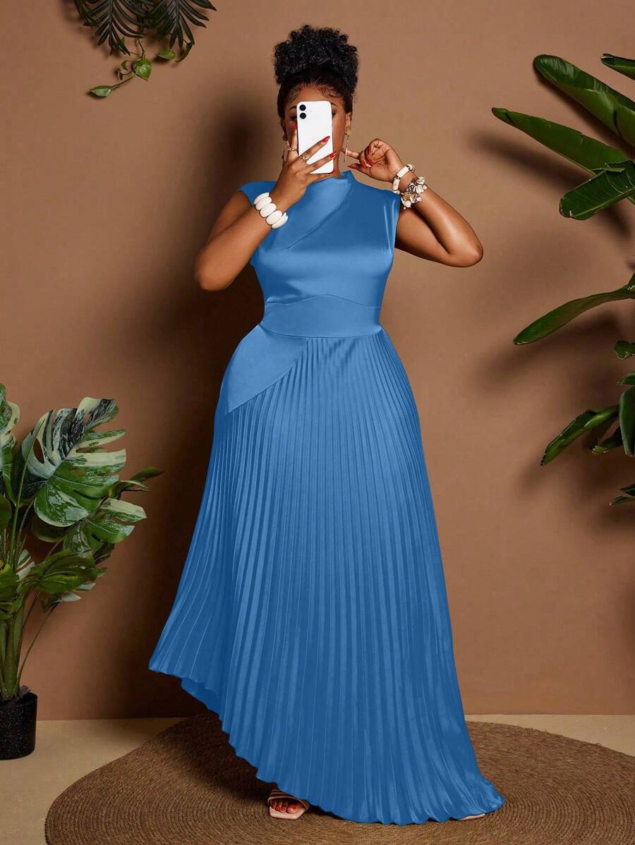 Maweii 加大码缎面无袖褶皱优雅派对连衣裙 - 藍色 - 查看 1