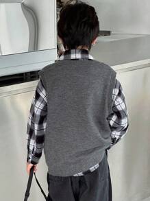 DAZY Áo len cổ chữ V cho bé trai, dáng rộng, màu trơn, phong cách cơ bản, mùa thu - Xám - Xem 6