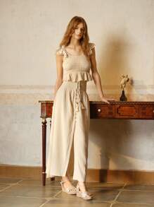 Rosivie 女士时尚杏色休闲坡跟带扣凉鞋 - 杏色 - 查看 2