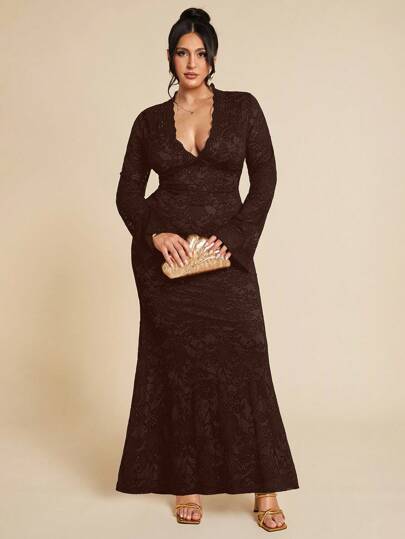 SHEIN BAE 大码女式蕾丝透视V领度假连衣裙，修身连衣裙，春夏