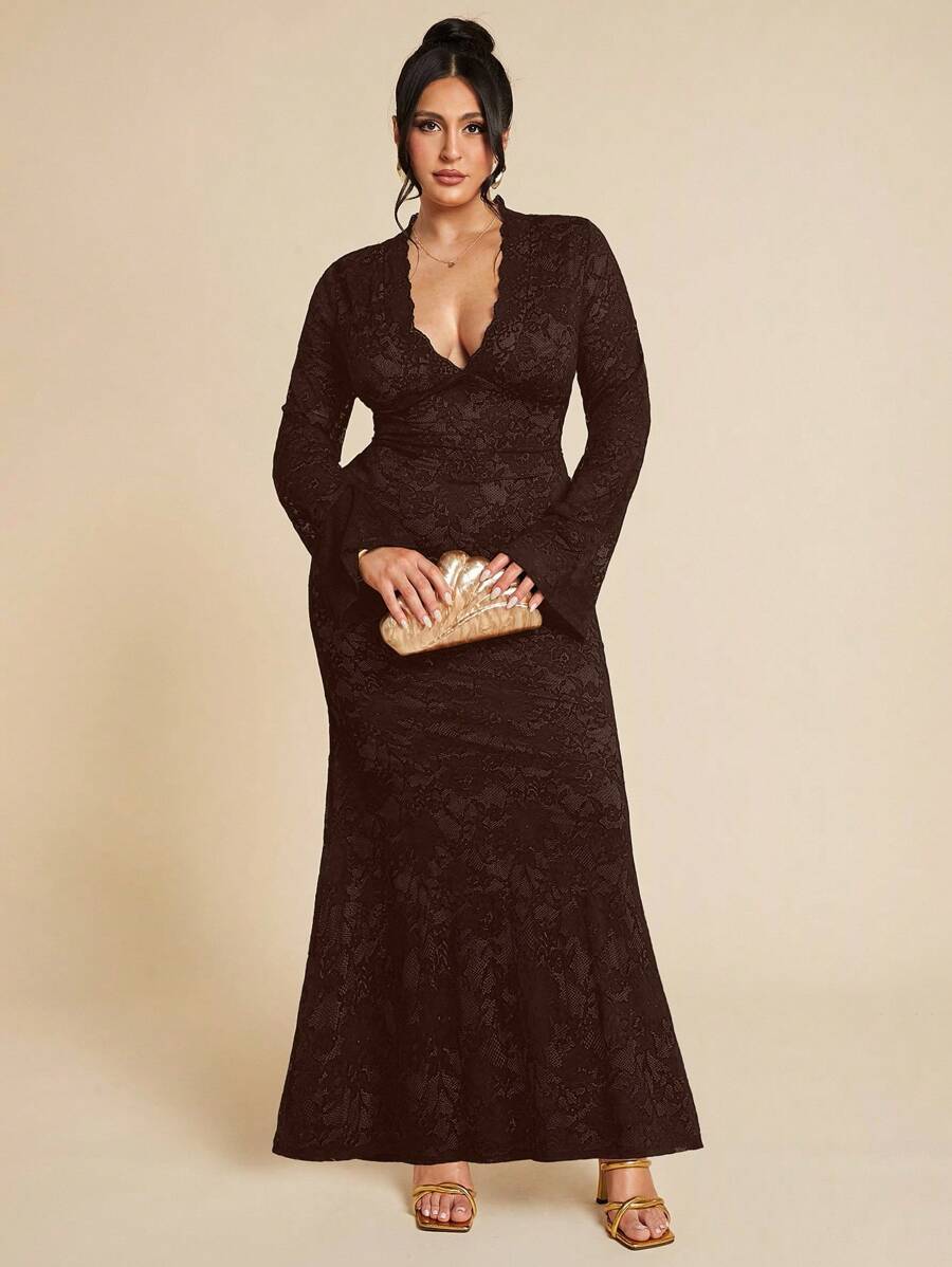 SHEIN BAE Váy đi nghỉ cổ chữ V ren xuyên thấu cỡ lớn cho nữ, váy bó sát, mùa xuân/hè - Cà phê nâu - Xem 1