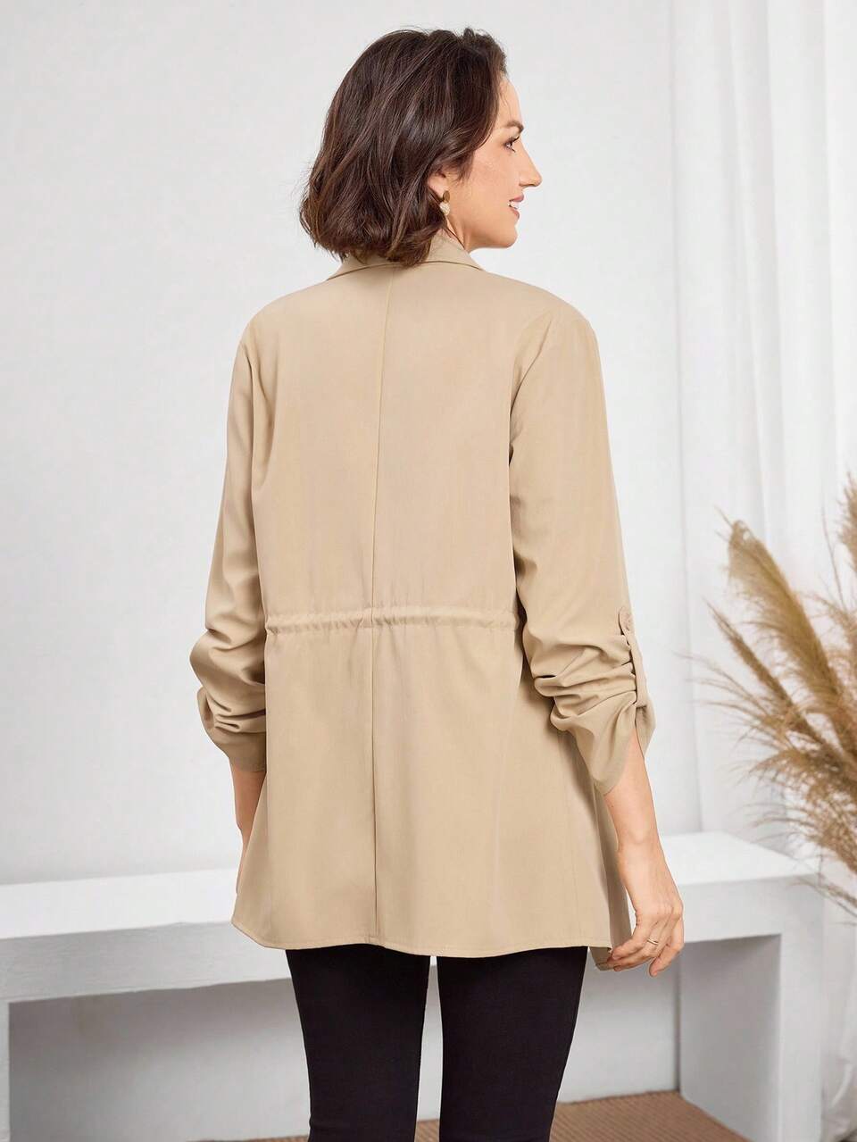 Women's Casual Everyday Khaki Coat,Autumn Winter Lapel Waist Drawstring Ladies Modest Outing Coat For Teacher Country Airport