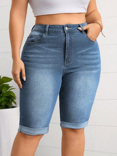 SHEIN Essnce 大码女式休闲口袋纽扣修身牛仔短裤