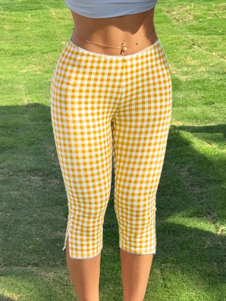 SHEIN EZwear Women's Yellow Plaid Knitted Elastic Leggings - Yellow - View 1