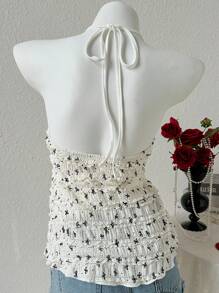 INAWLY Sexy Butterfly Print Drawstring Backless Halter Top - Apricot - View 2