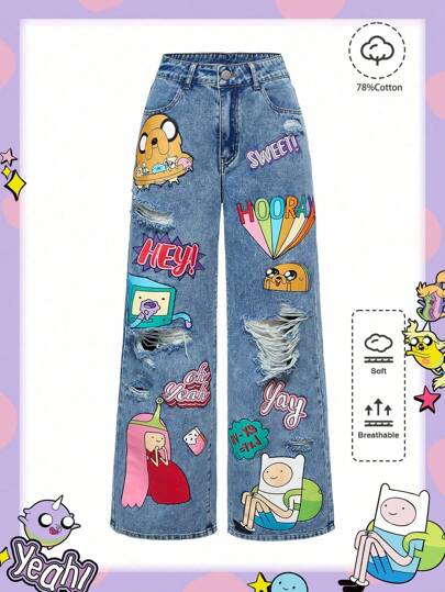 Adventure Time X ROMWE Graffiti Cartoon Pattern Loose Fit Jeans