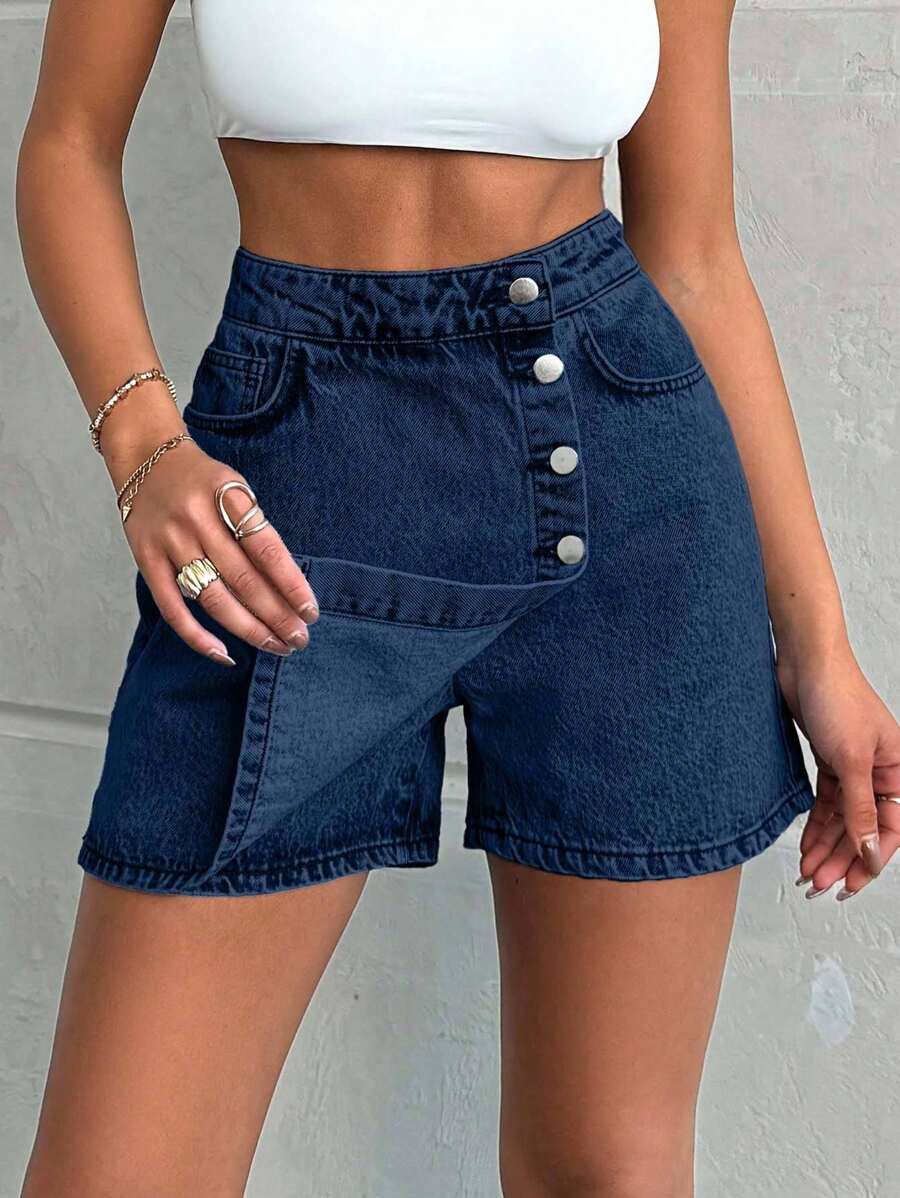 EURMUSE 100%Cotton LIGHT WASH BUTTONS DETAIL SHORT SKIRT - Dark Wash - View 1