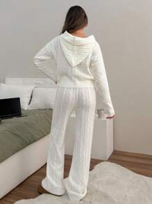 EURMUSE Damski jednolity kolor, dzianinowy wzór, sznurowany sweter z kapturem i spodnie