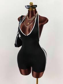 Amplova Color-Block Halter Backless Jumpsuit Jumpsuit For Summer - Black and White - View 2
