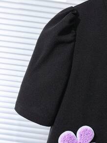 Sparklyn Tween 女童 3D 花卉装饰圆领短款泡泡袖休闲连衣裙 - 黑色 - 查看 5