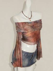 SHEIN ICON Áo crop top hở vai tay dài màu nâu xếp ly phong cách Boho nhuộm loang thời trang mùa hè/thu cho nữ, phong cách nghỉ dưỡng thời trang, mùa xuân/hè - Nhiều màu - Xem 6