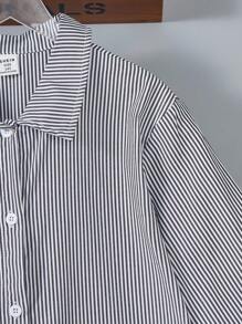 青少年女孩条纹长袖休闲衬衫裙 - 黑色 - 查看 8