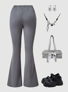 SHEIN Explorewe 1pc Teen Girls Cement Gray Bell Bottoms,Fashion Drawstring Elastic Waist Flare Pants,Soft Comfortable Versatile Casual Street Spring Autumn Trousers - Grey - View 3