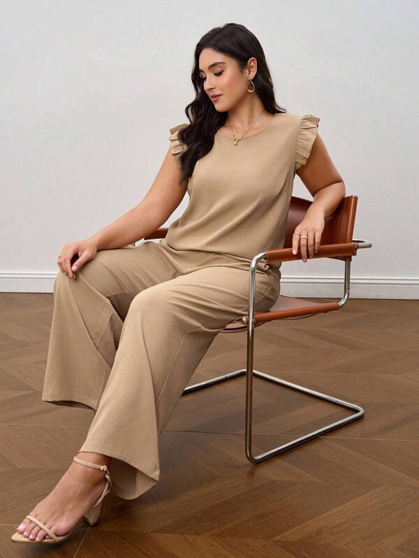 SHEIN Clasi 2pcs Women Plus Size Khaki Bubble Ruched Bell Sleeve Shirt & Wide Leg Elastic Waist Pants Set, Elegant Outfit For Spring/Summer Sets 2 Pieces Sets Ladies Sets For Women Matching Sets Women Two Pieces Set Women Two Pieces Outfit Women Sets For Women Casual,Business Casual Woman
