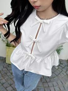 SHEIN 少女休闲简约舒适圆领泡泡袖格子蝴蝶结衬衫