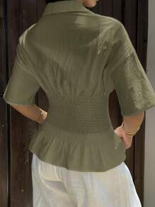 SHEIN EZwear 橄榄绿色梭织褶腰休闲短袖女衬衫 - 軍綠色 - 查看 2