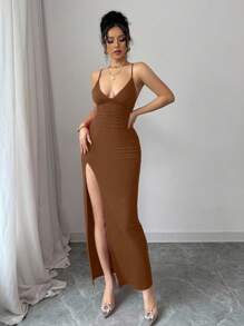 INAWLY 女士优雅性感褶皱高开衩无袖连衣裙，红色，夏季 - 咖啡棕 - 查看 6