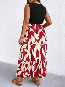 EMERY ROSE Plus Size Women's Spring/Summer Asymmetric Hem Leaf Print Knit Tank Dress (Mid-Length), Extra Long Beach Vacation Wear - Red - View 2