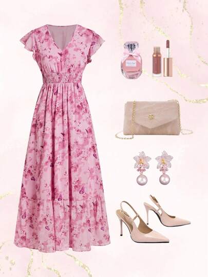 Ellevyn Women's Elegant Pink Floral Print Mesh Dress, Suitable For Holiday, Afternoon Tea, Outing, And Dating School Clothes Concert Outfit Teacher Clothes Summer Dresses For Women Wedding Guest Dress Women Vacation Outfits Woman Pink Dress Birthday Outfits For Women