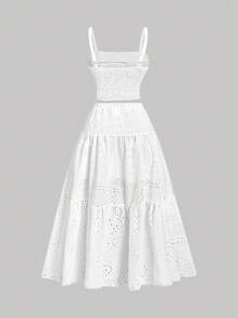 SHEIN MOD Plus Size Women Embroidered White Maxi Dress 2 Pieces Set, Multi-Layered Ruffle Hem, Suitable For Dates, Holidays, Picnics, Beaches, Comfortable, White Skirt And Top Set, White Eyelet Skirt And Top Set, White Two Piece Dress, White Eyelet Two Piece Dress, White Summer Outfit - White - View 2