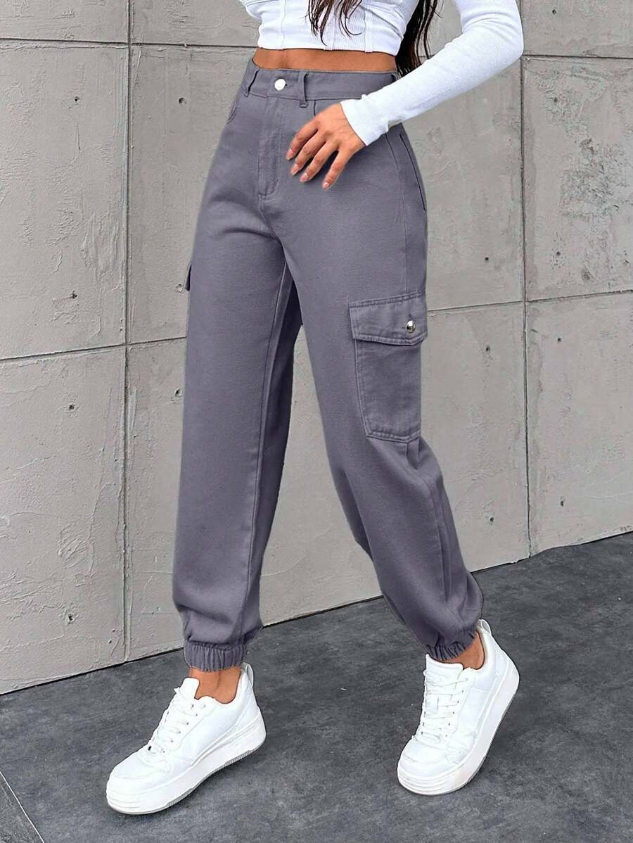 EURMUSE Women's Casual Street Style Solid Color Flap Pocket Cargo Jogger Jeans - Dark Grey - View 1