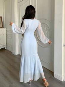 Modelyn Đầm ôm eo cổ chữ V cho nữ - Màu xanh lam - Xem 2