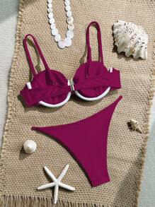 Swim Chiccia 纯色聚拢褶皱交叉比基尼套装，带金属饰边上衣和下装，女士夏季海滩度假两件套泳衣 - 酒紅色 - 查看 2