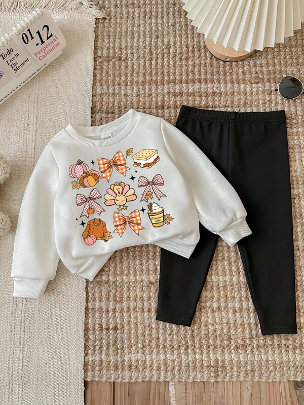 SHEIN Baby Girl Halloween Graphic Knitted Soft Thick Crew Neck Long Sleeve Sweatshirt And Leggings Set, Suitable For Autumn/Winter Fall Toddler Clothes Baby Set Autumn Winter Season Cute Toddler Sets Baby Casual Sets Thanksgiving Baby Clothes , Halloween Costumes, Halloween Decor , Halloween, Girls Co Ord Set