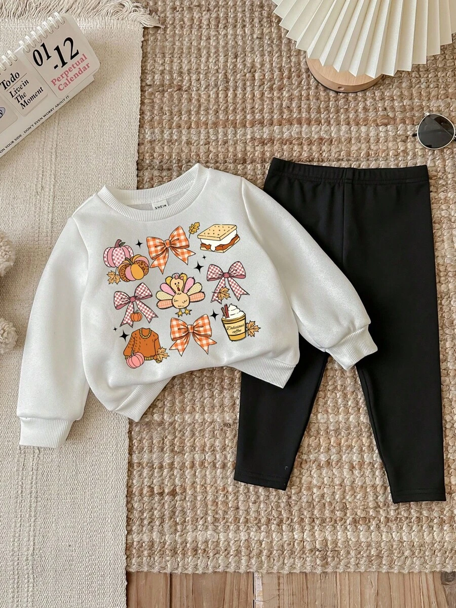 SHEIN LMoss Kids Baby Girl Halloween Graphic Knitted Soft Thick Crew Neck Long Sleeve Sweatshirt And Leggings Set, Suitable For Autumn/Winter Fall Toddler Clothes Baby Set Autumn Winter Season Cute Toddler Sets Baby Casual Sets Thanksgiving Baby Clothes , Halloween S, Halloween Decor , Halloween, Girls Co Ord Set - Multicolor - View 1