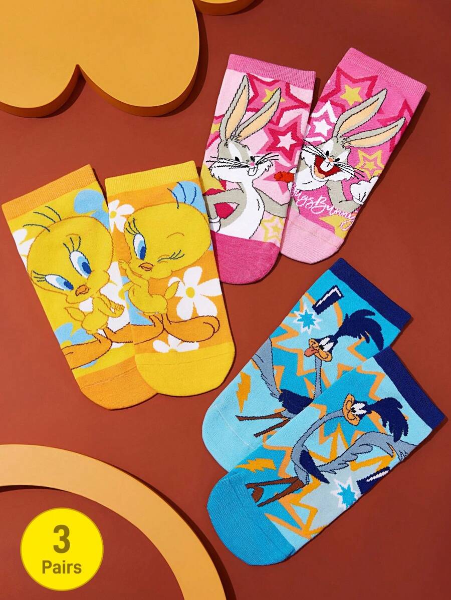 LOONEY TUNES X SHEIN 3 双柔软透气吸湿排汗休闲女士踝袜，带崔弟和路跑者图案，时尚可爱的粉色和蓝色短袜，加固脚趾和脚跟，经久耐用，四季百搭 - 彩色 - 查看 1