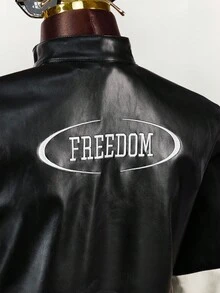 Amplova Damen Farbblock Frontzipp Langarm Buchstaben Muster einfache PU Jacke