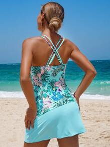 Swim Lushoire 1 pieza Vestido de playa informal de vacaciones con estampado floral azul tipo tankini