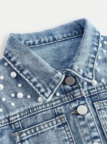 2 件女童珍珠装饰牛仔夹克和松紧腰裙套装，轻度水洗，5 口袋设计，经典休闲和派对装，适合日常和感恩节穿着 - 淺色水洗藍 - 查看 10
