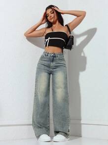 SHEIN x Lina SHEIN ICON Women's Solid Color Simple Casual Denim Pants Y2k - Light Wash - View 3