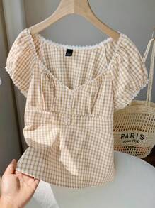 SHEIN EZwear 夏季杏色和白色格子编织女式衬衫 - 杏色 - 查看 5