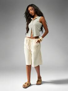 MISSGUIDED 亚麻质感阔腿百慕大短裤，抽绳腰带，夏季海滩休闲度假装，长款步行旅行裤，休闲度假裤 - 杏色 - 查看 5