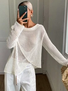 DAZY Dessus ample transparent et semi-transparent de couleur unie minimaliste et décontracté pour les vacances, avec ourlet enveloppant et détails ajourés