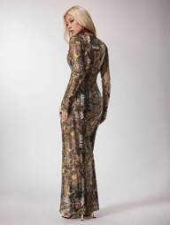 Shutterstock Y2Kool Vestido Longo Ajustado Feminino Estampa de Camuflagem, Vestido Maxi Transparente Casual de Festa à Noite, Férias, Outono, Estampa de Árvore, Vestido de Camuflagem de Tule