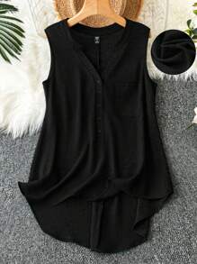 SHEIN LUNE Áo sơ mi thời trang tối giản không tay màu trơn cỡ lớn, phù hợp cho mùa hè - màu đen - Xem 1