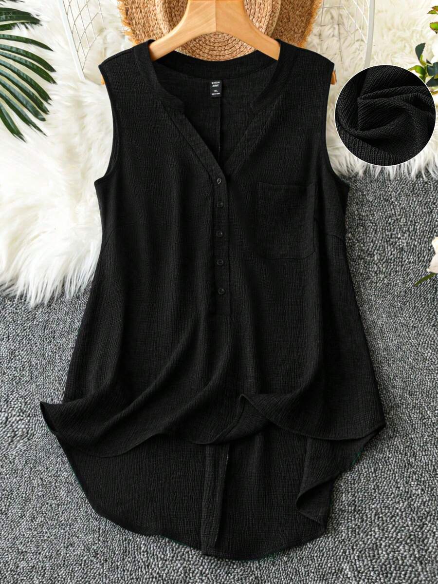 SHEIN LUNE Áo sơ mi thời trang tối giản không tay màu trơn cỡ lớn, phù hợp cho mùa hè - màu đen - Xem 1