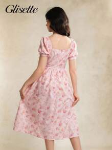 少女夏季假日风格花卉印花甜心领泡泡袖高腰连衣裙