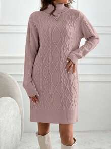EURMUSE Knitwear Dress With Folded Neck And Cable Pattern,Winter Dresses For Women,Petite - Baby Pink - View 4