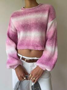 SHEIN EZwear Fall Women Clothes Oversized Gradient Drop Shoulder Short Pullover Cute Sweater, Autumn Back To School Y2k Street Wear - Pink - View 4