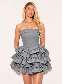 Glamine Vestido mini gris sin tirantes con cintura fruncida y capas - Gris - Ver 8