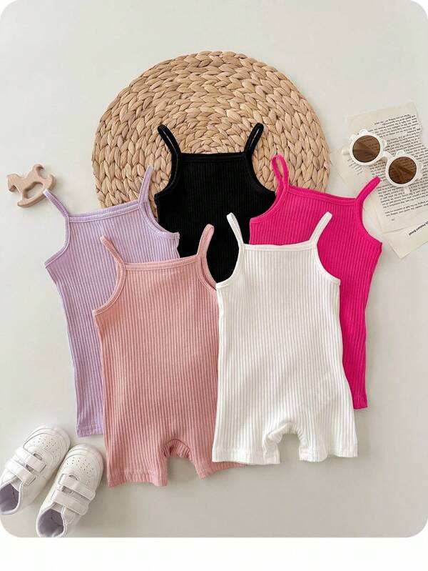 Baby Girl Casual Knitted Solid Color Halter Romper Set, 5pcs