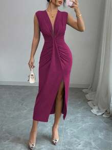Islaluna Elegant Sleeveless Deep V-Neck With Draped Hem Slit Dress, For Women In Spring/Summer