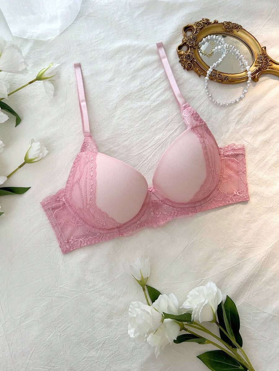 1pc Lace Trim Underwire Lingerie Bra, Pink, Kawaii - Pink - View 1